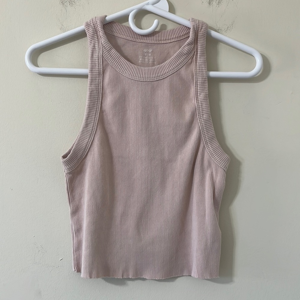 Aerie Blush Pink Halter Neck Ribbed Raw Hem Cropped Tank Top Size Medium - Picture 1 of 6